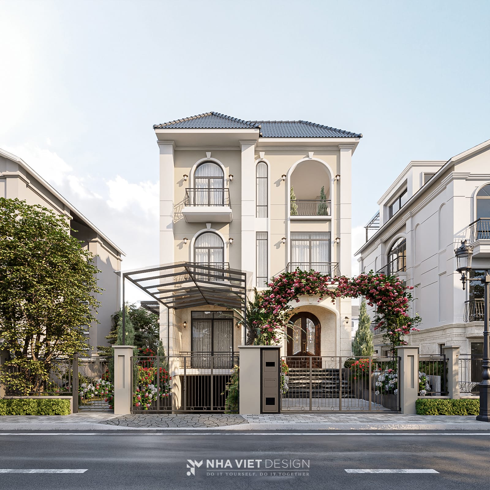 Hình ảnh thực tế một cặp biệt thự song lập với kiến trúc đối xứng qua một trục trung tâm, thể hiện rõ bức tường chung.