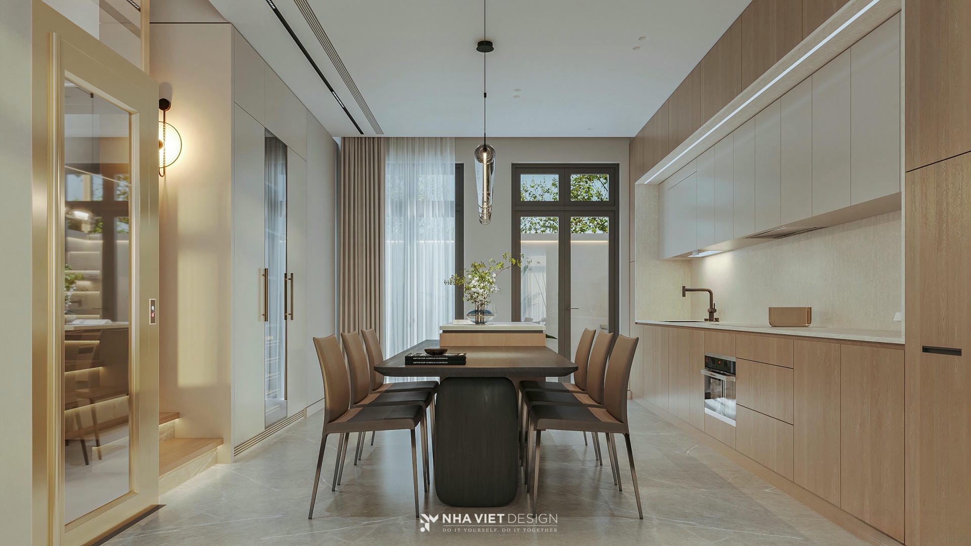 Thiết kế nội thất biệt thự song lập phong cách hiện đại với không gian phòng khách và bếp liên thông.