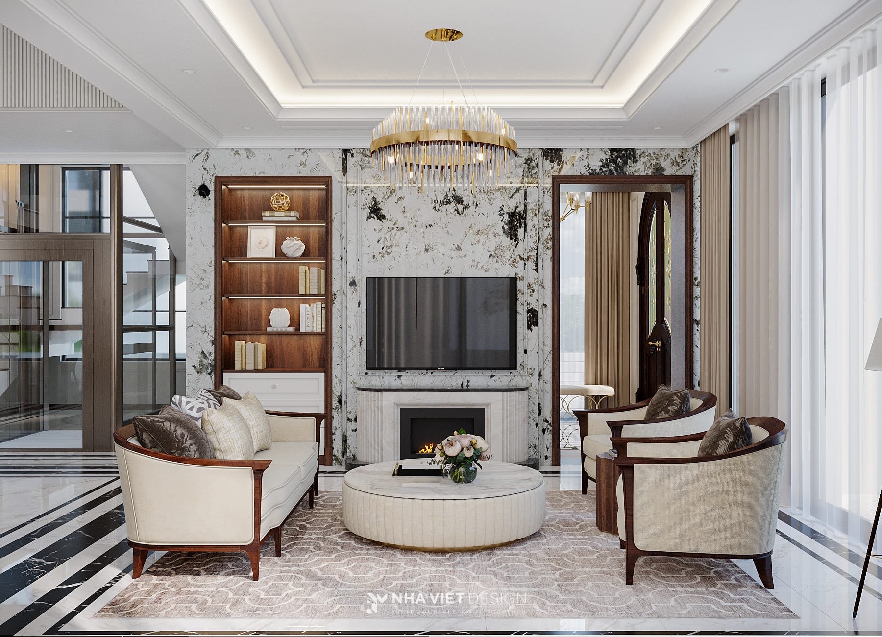 Nội thất phòng khách biệt thự song lập tân cổ điển sang trọng với sofa da và phào chỉ tường tinh tế.